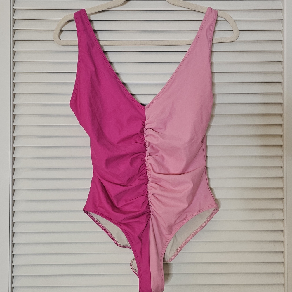 SOLID And STRIPED Ruched Pink and Fuchsia One Piece Swimsuit Sz L